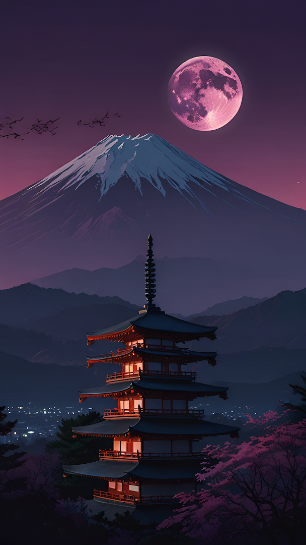Japanese Pagoda Under Pink Moon with Snowy Mount Fuji
