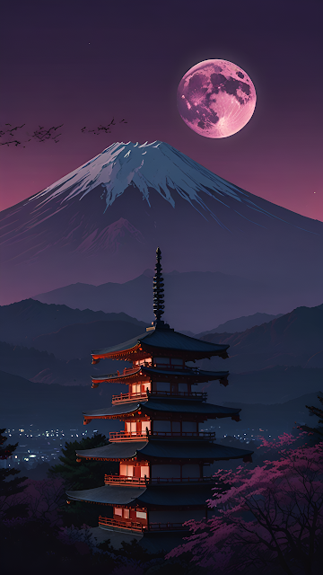 Japanese Pagoda Under Pink Moon with Snowy Mount Fuji - Free mobile Wallpaper