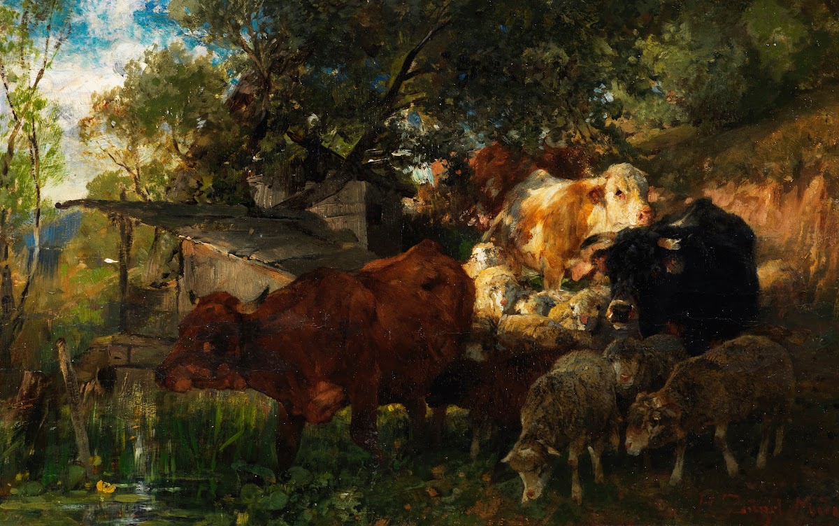 Kühe und Schafe an der Tränke ca 1880