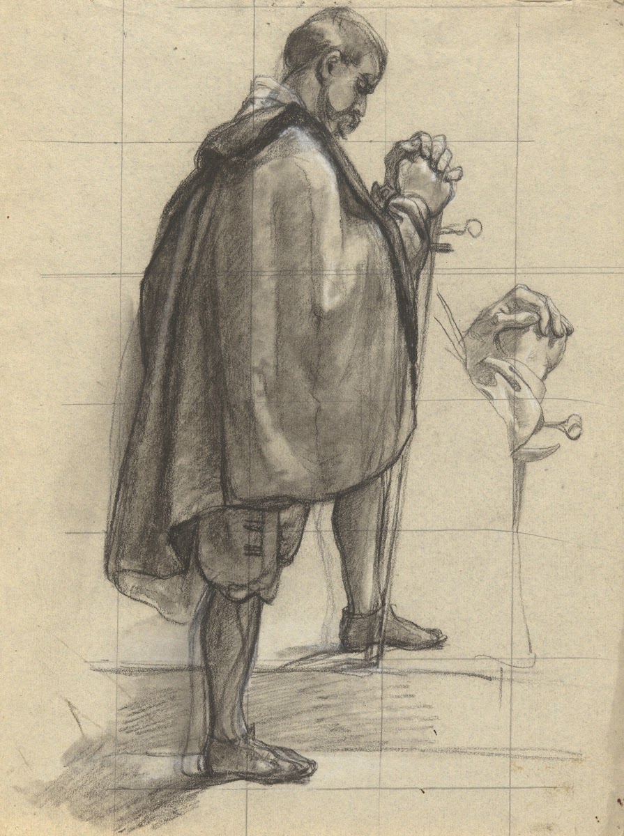 Standing Man praying sketch for Signing of the Compact in the Cabin of theMayflo