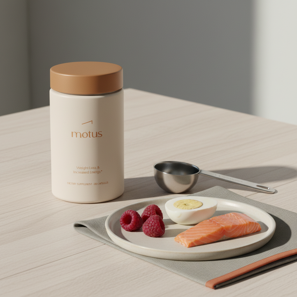 Close realistic product shot of Motus supplement jar on light wooden surface with measuring scoop and small plate of berries, egg and fish cues, focused on metabolism pills