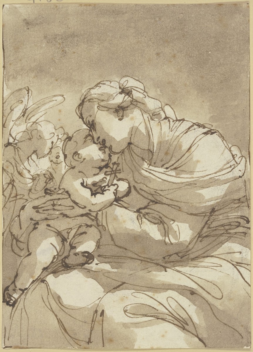 Madonna von zwei Engeln angebetet Kniestück