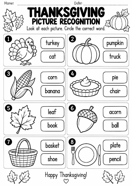 Thanksgiving Picture Recognition Worksheet