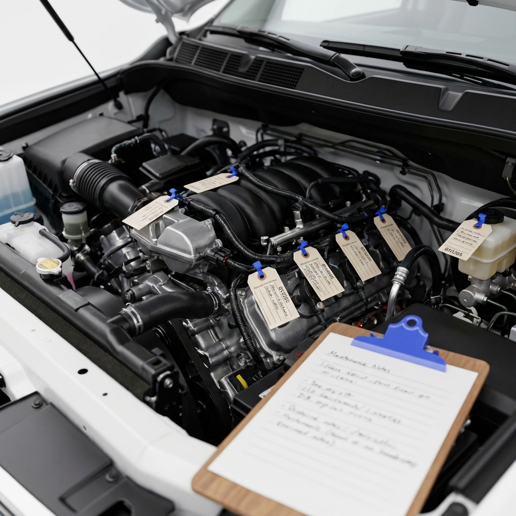 Close up of a clean Toyota Tundra engine bay with blue service tags and a maintenance log on a clipboard on a white background toyota tundra used for sale