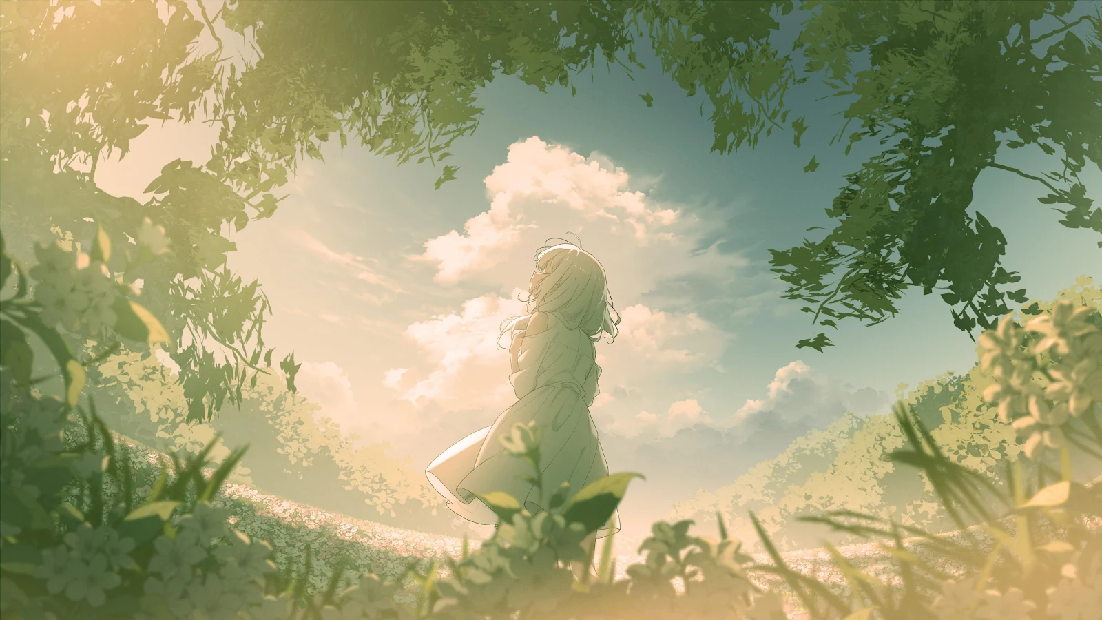 Sunlight Girl In A Green Meadow - Anime Illustration 4K Wallpaper (3840x2160)