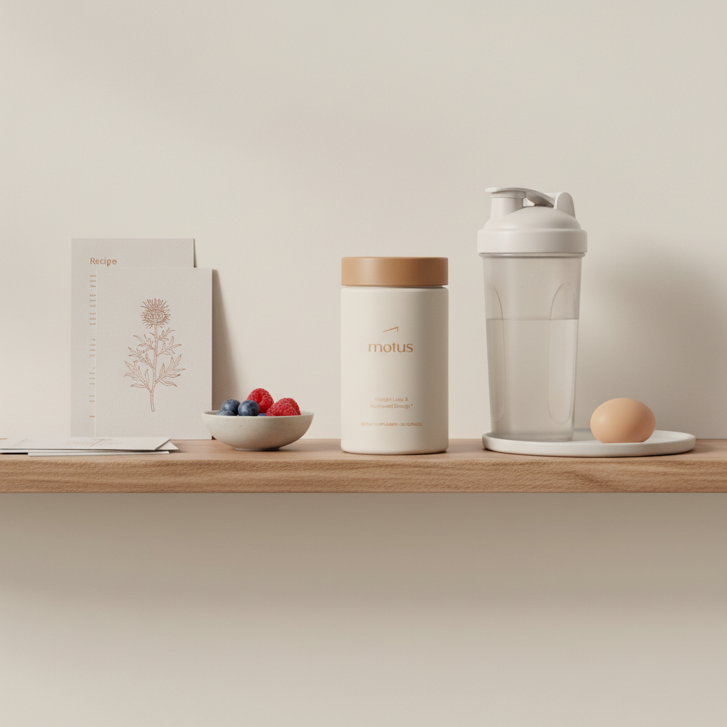 Tonum Motus supplement jar on a minimalist kitchen shelf with shaker bottle, recipe cards, berries and egg, lifestyle scene for best protein powder for weight loss and toning