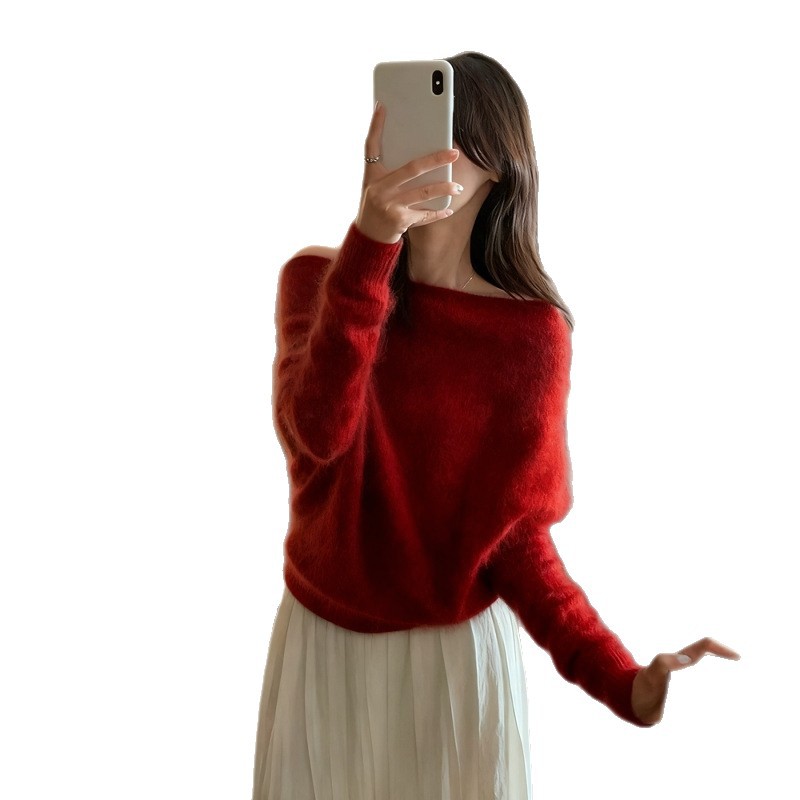 Women's knitted sweater with boat neckline, loose
