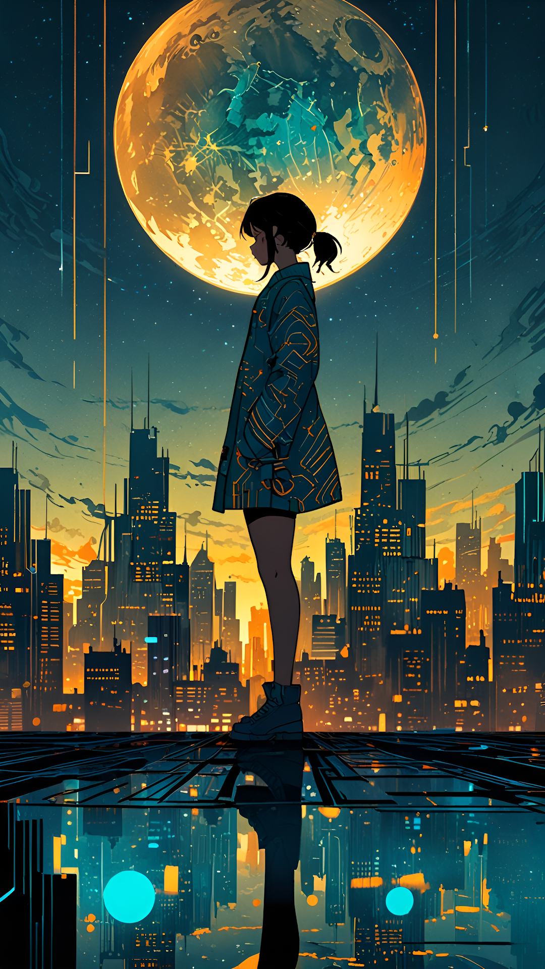 Cyberpunk Girl Silhouette Under Giant Orange Moon Cityscape - Free 4K mobile Wallpaper