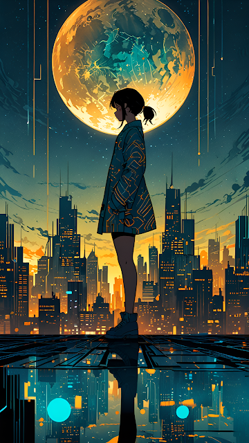 Cyberpunk Girl Silhouette Under Giant Orange Moon Cityscape - Free mobile Wallpaper
