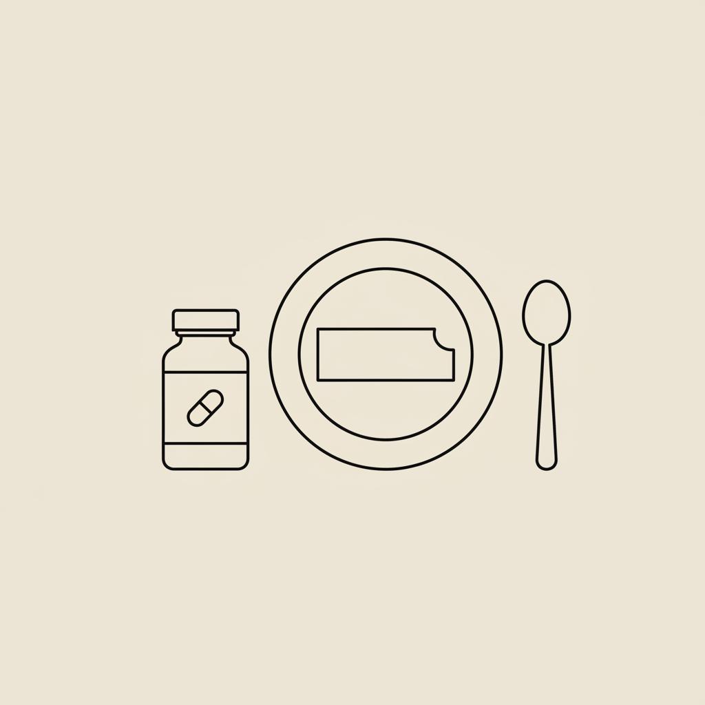 Minimalist vector line illustration of a plate with a protein bar, spoon and outlined supplement bottle on beige background, depicting protein bars and healthy nutrition.