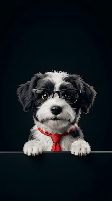 Black and White Dog Wearing Glasses and Red Tie Peeking Over Edge - Free mobile Wallpaper