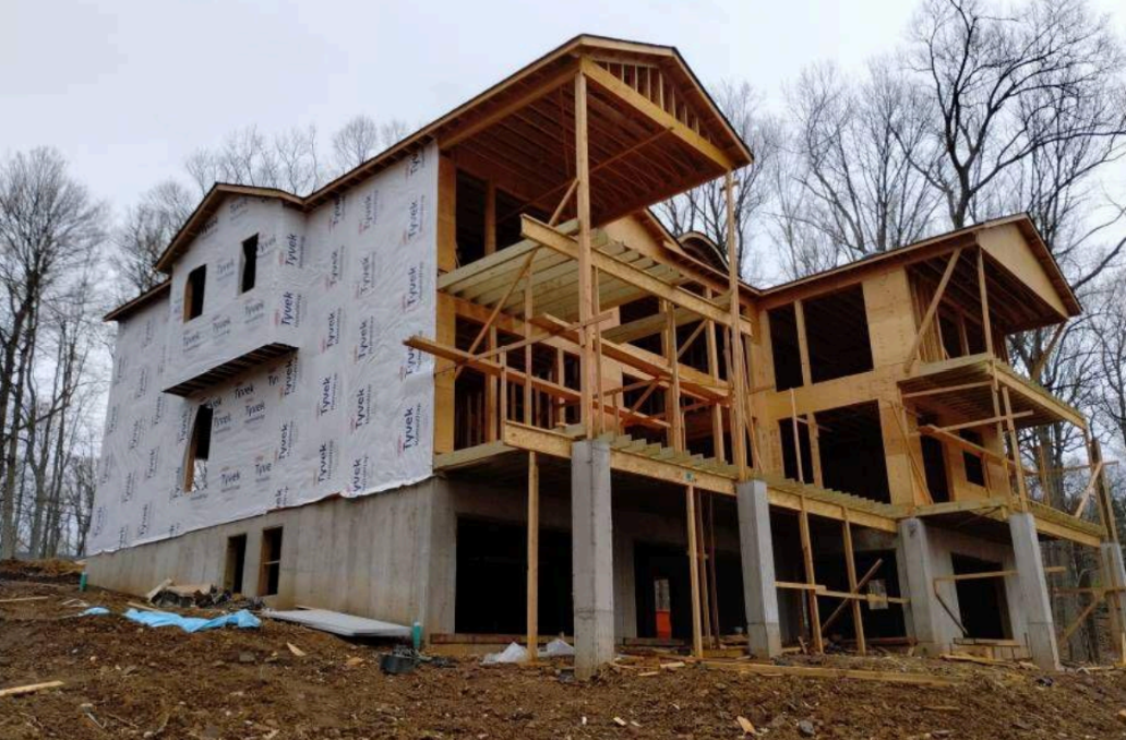 264 Ridge Road rear elevation during framing, April 2025