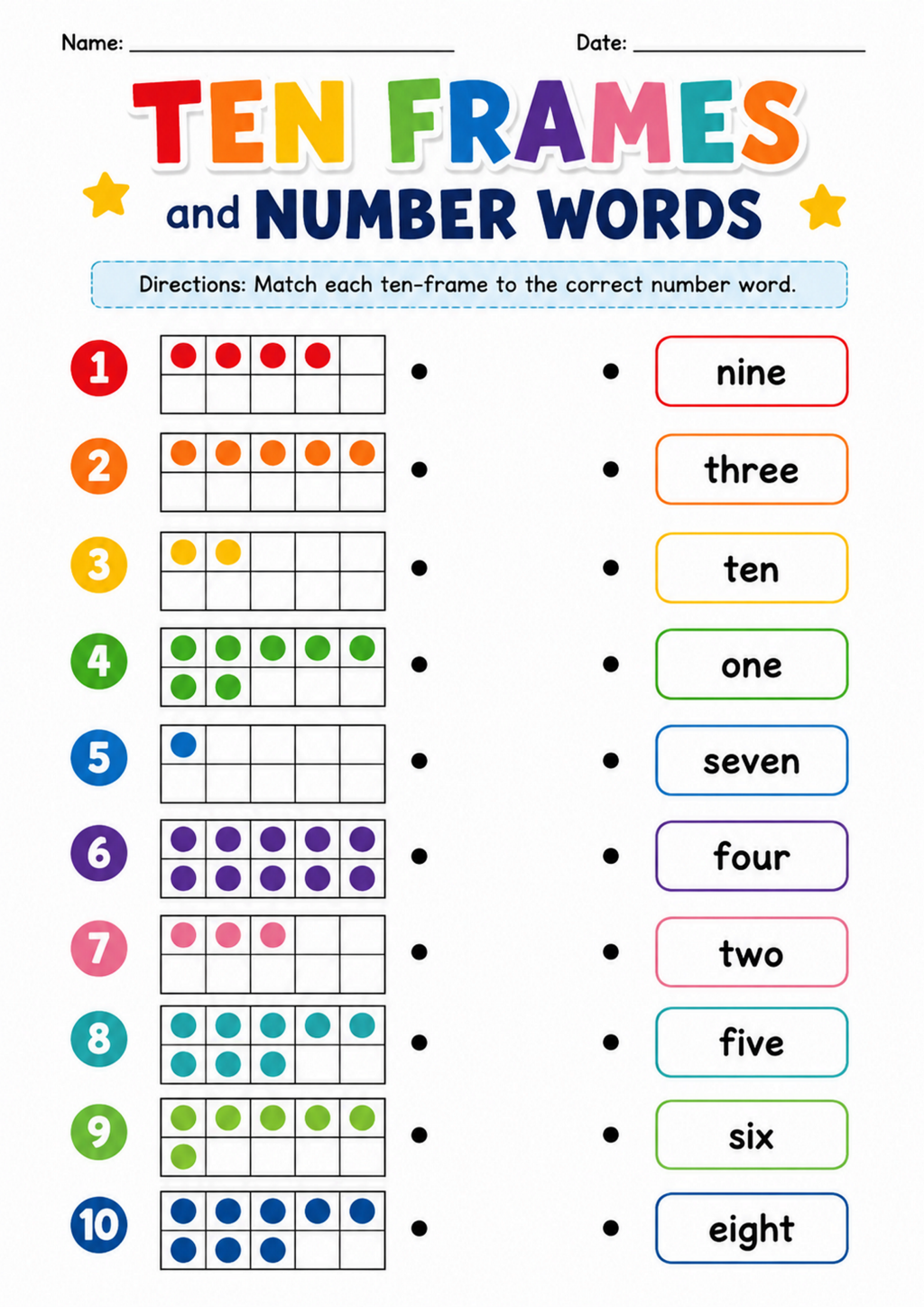 Ten Frames and Number Words Worksheet