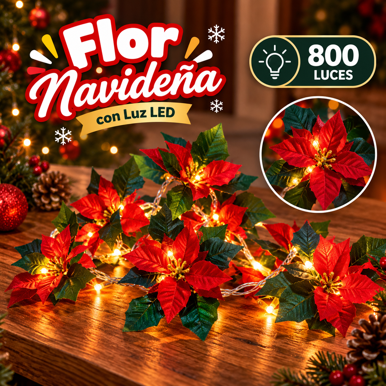 Guirnalda de flores de Navidad rojas con luces LED