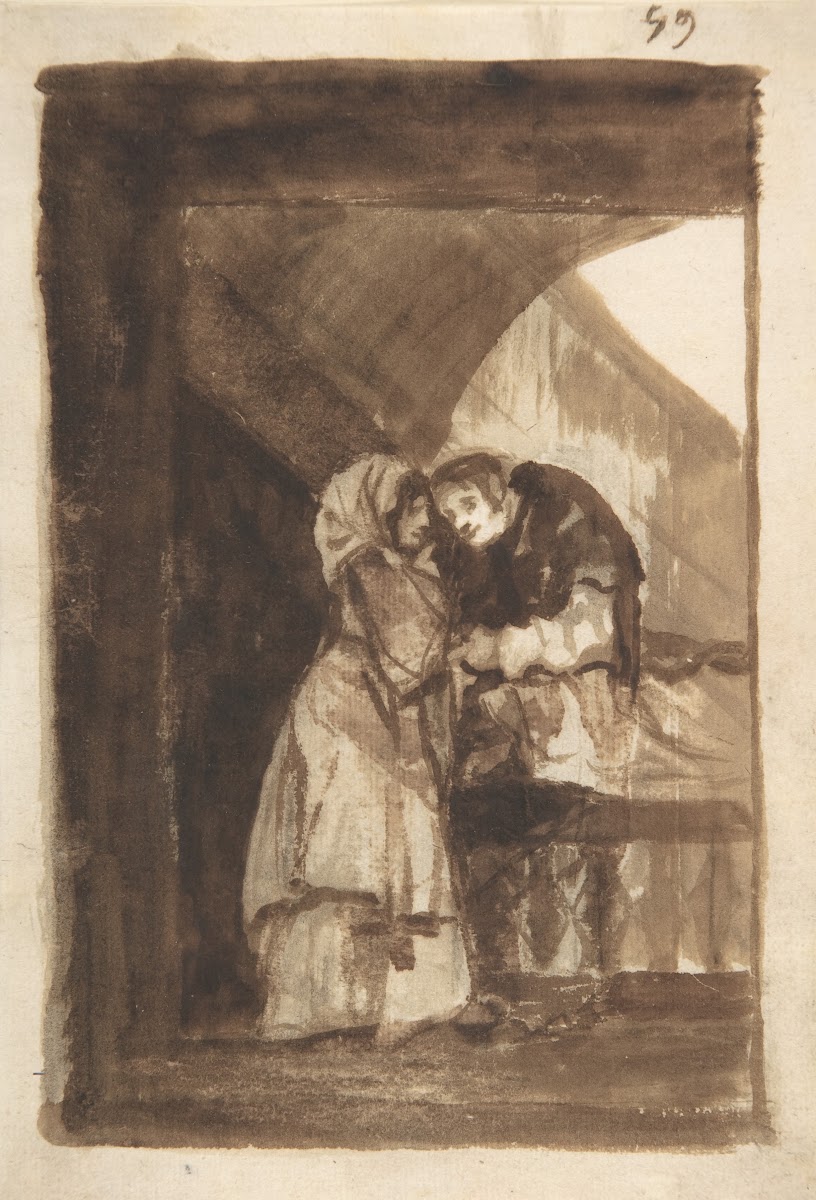 A woman talking to a priest in a covered archway ca 181220