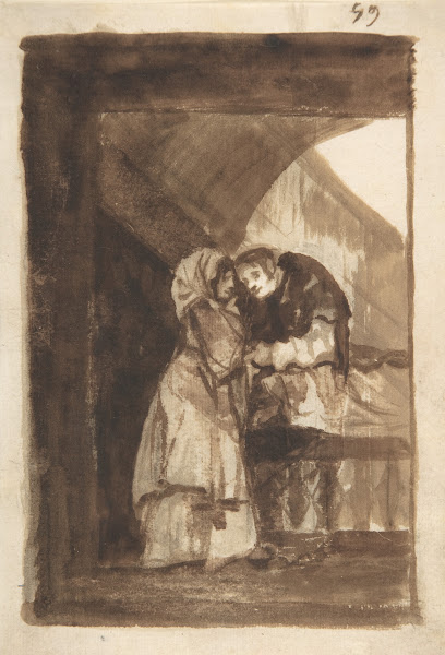 A woman talking to a priest in a covered archway ca 181220