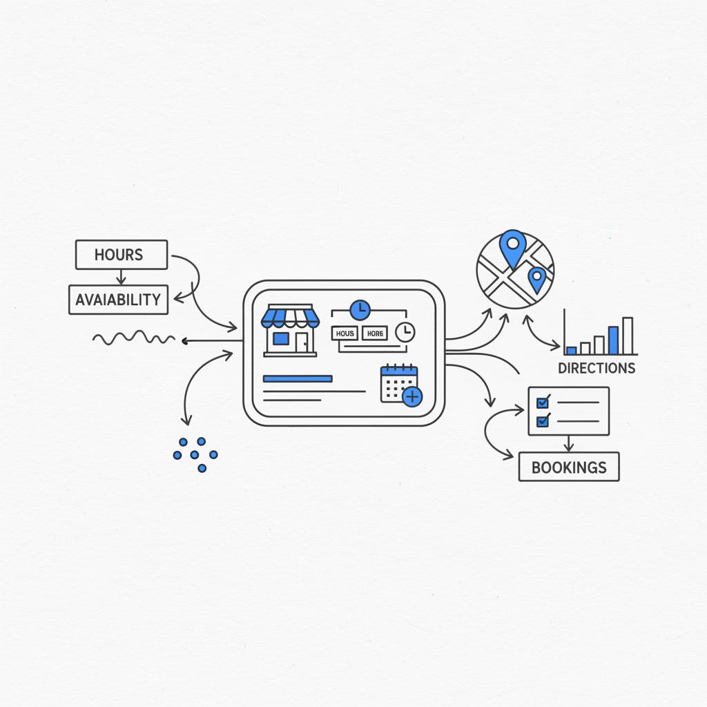 Minimal vector concept sheet showing a local business profile card, hours, map pin and calendar icon connected by inked diagrams for Wix or Google Sites.