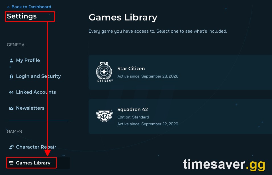 The new Games Library page in RSI Account Settings listing Star Citizen and Squadron 42