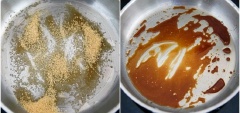 Múc 1 muỗng canh dầu cho ra chảo khác, đun với đường rồi đảo đều cho tan hết đường, trút khoai lang vào ngào khoảng 1-2 phút cho đường bám đều. Cuối cùng cho khoai lang ngào ra giấy nến và để yên trong 3-5 phút.