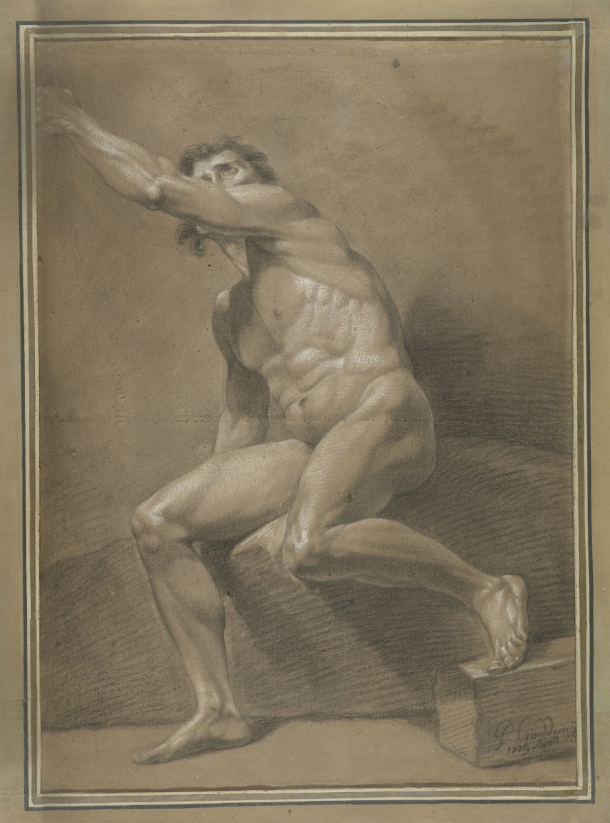 Academic life drawing study seated male nude 1779