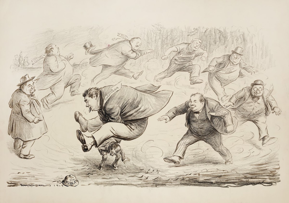 Several large men run in a circle and jump over a small man representing the pub