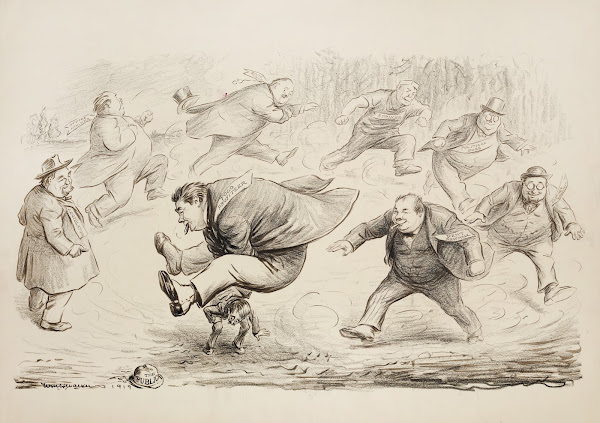 Several large men run in a circle and jump over a small man representing the pub