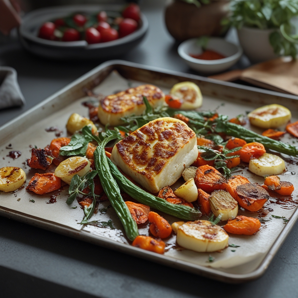 Harissa-Glazed Halloumi & Rainbow Veggie Sheet Pan Dinner