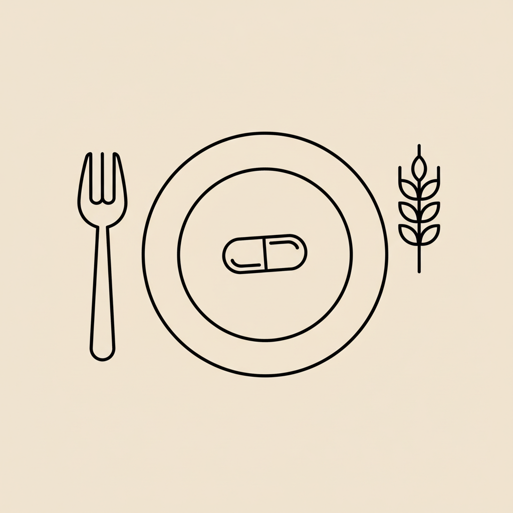 Minimal line illustration of a plate with fork, capsule and wheat stalk on beige background representing carbohydrate blockers