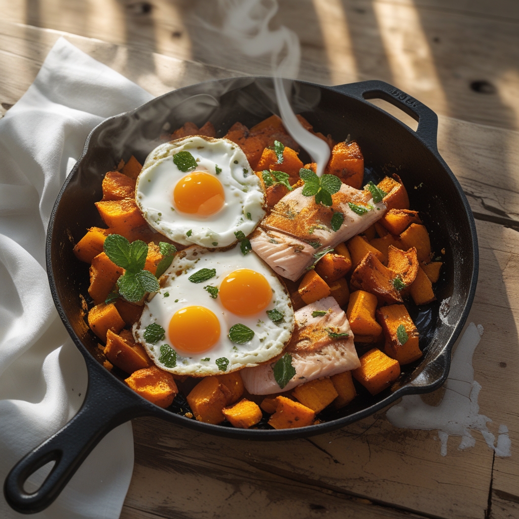 Smoky Harissa Trout & Sweet Potato Breakfast Skillet with Mint-Yogurt Drizzle