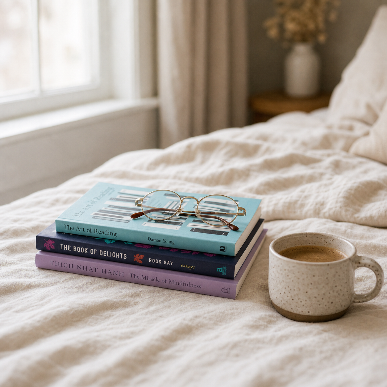 A slim stack of three books with glasses on top beside a ceramic mug on a linen surface in soft window light