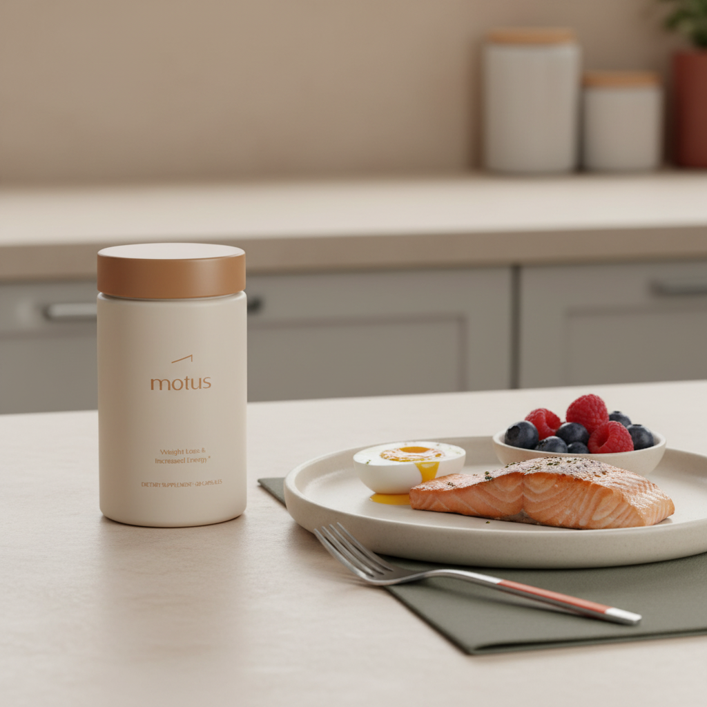 Tonum Motus supplement bottle beside a plated high-protein meal of egg, grilled salmon and berries on a Tonum beige counter for a 3 week metabolism diet