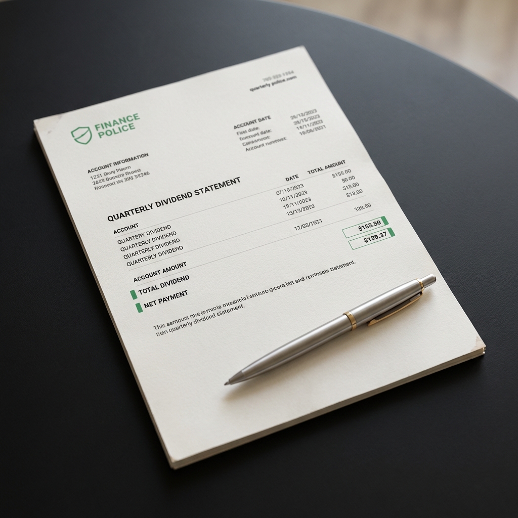 Close up of a quarterly dividend statement and pen on a dark table showing how to earn money from investing through dividend income