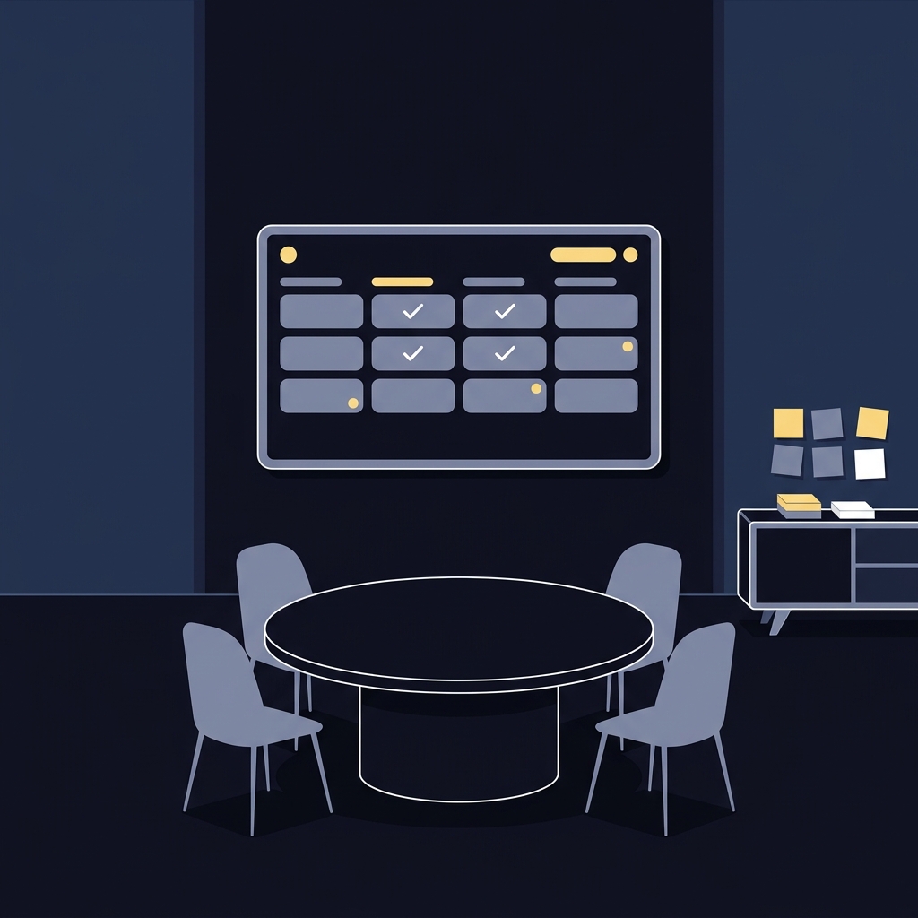Minimalist 2D vector meeting room with empty table and large screen showing an abstract action tracker and check icons conveying How to Review a Failed Challenge and Improve in Funded Plays color palette