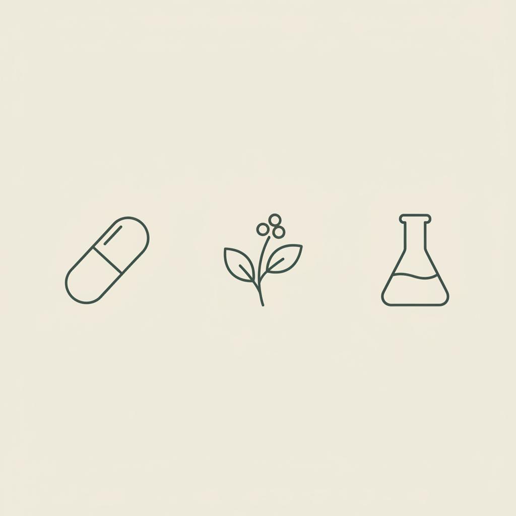 Minimalist vector line illustration of a capsule, plant sprig, and lab flask on a beige background representing over the counter semaglutide