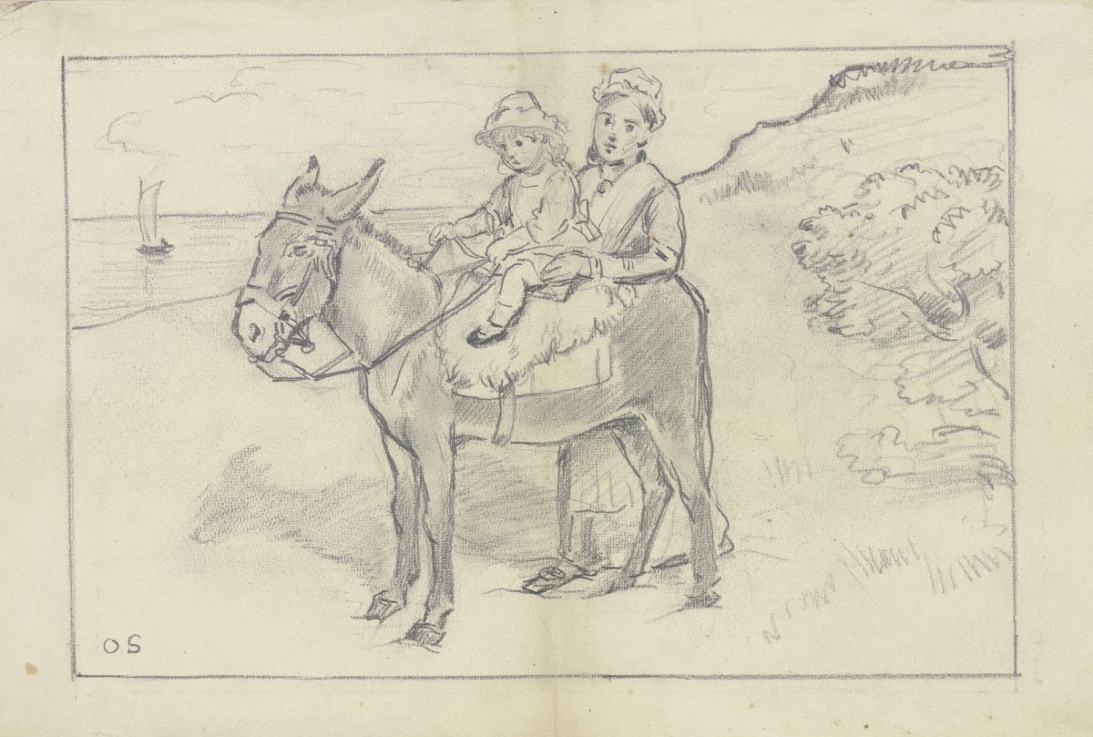 Mutter mit Kind auf Esel am Strand ca 1877