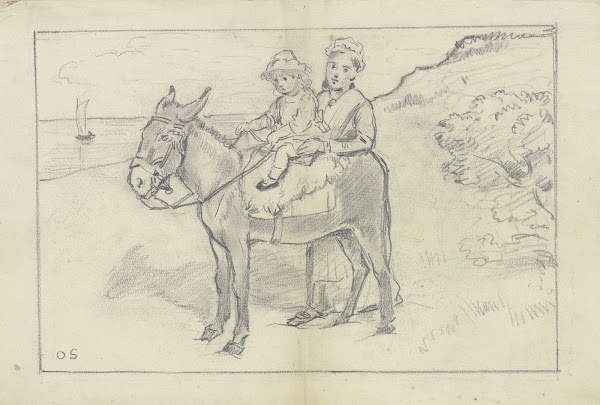 Mutter mit Kind auf Esel am Strand ca 1877