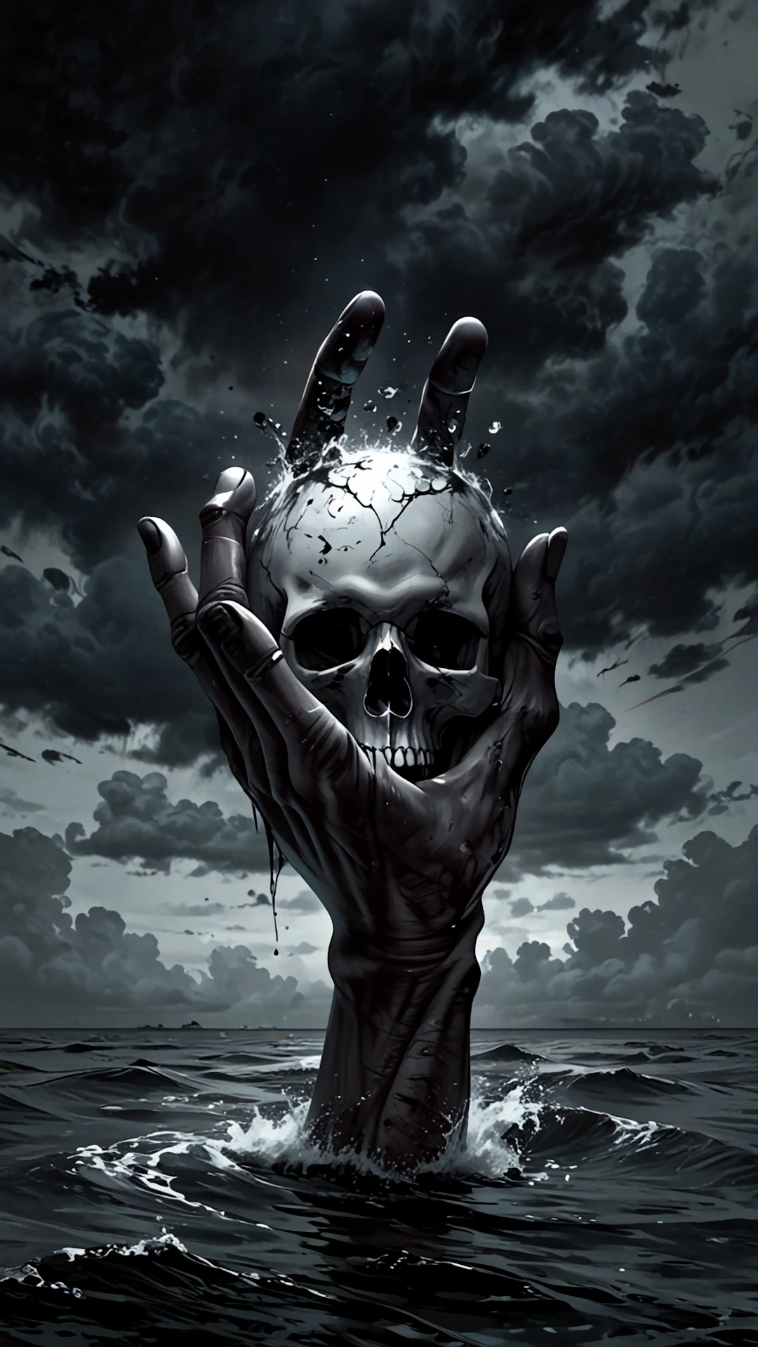 Dark Hand Grasping Skull Emerging from Turbulent Ocean - Free 4K mobile Wallpaper