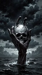 Dark Hand Grasping Skull Emerging from Turbulent Ocean
