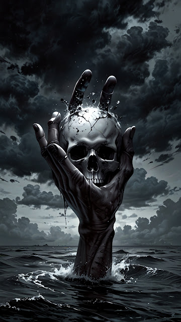 Dark Hand Grasping Skull Emerging from Turbulent Ocean - Free mobile Wallpaper