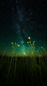 Magical Vertical Starry Night over Meadow with Yellow Flowers and Butterflies
