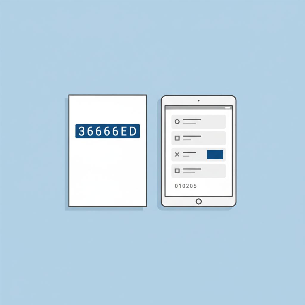 Minimalist vector of a paperwork and tablet showing a stylized VIN number strip and a simplified vehicle history report UI with 3666ed accents on white background