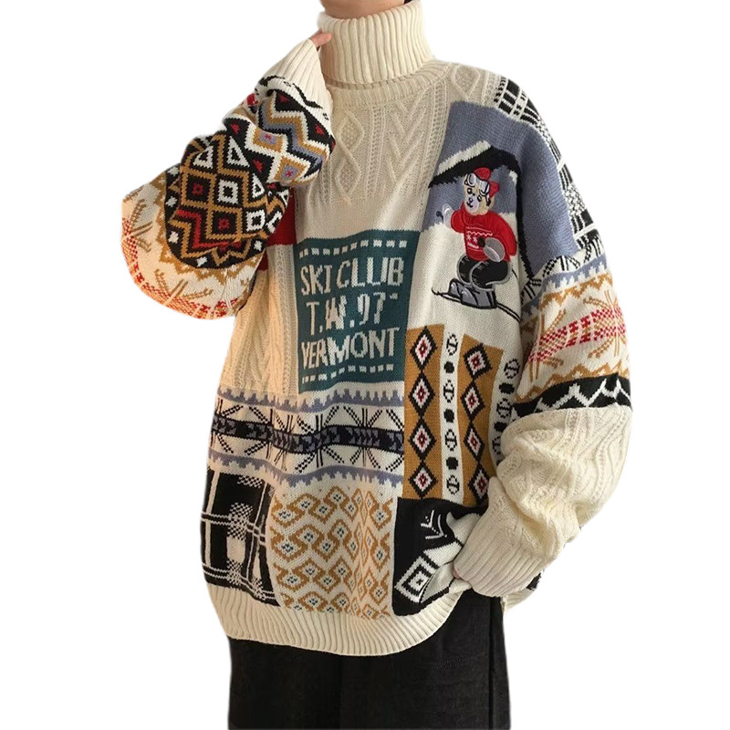 Men's knit sweater with bear embroidery and stand-up collar