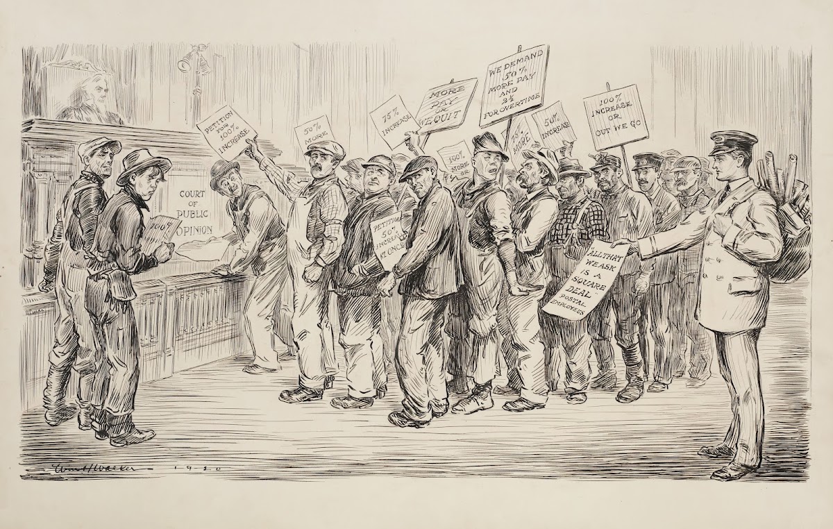 A line of men at the court of public opinion representing various groups of labo