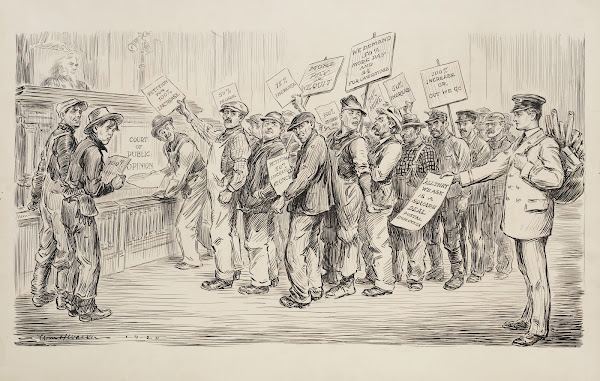 A line of men at the court of public opinion representing various groups of labo