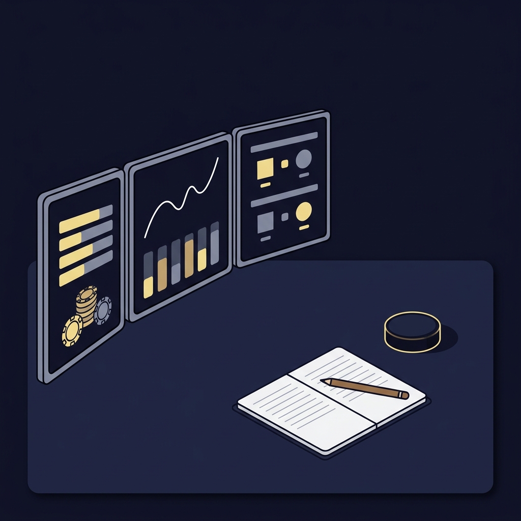 Minimal 2D vector trading workspace with multiple screens showing in play odds charts a simple trade log notebook and a hockey puck illustrating Trading NHL Games After Goalie Confirmation