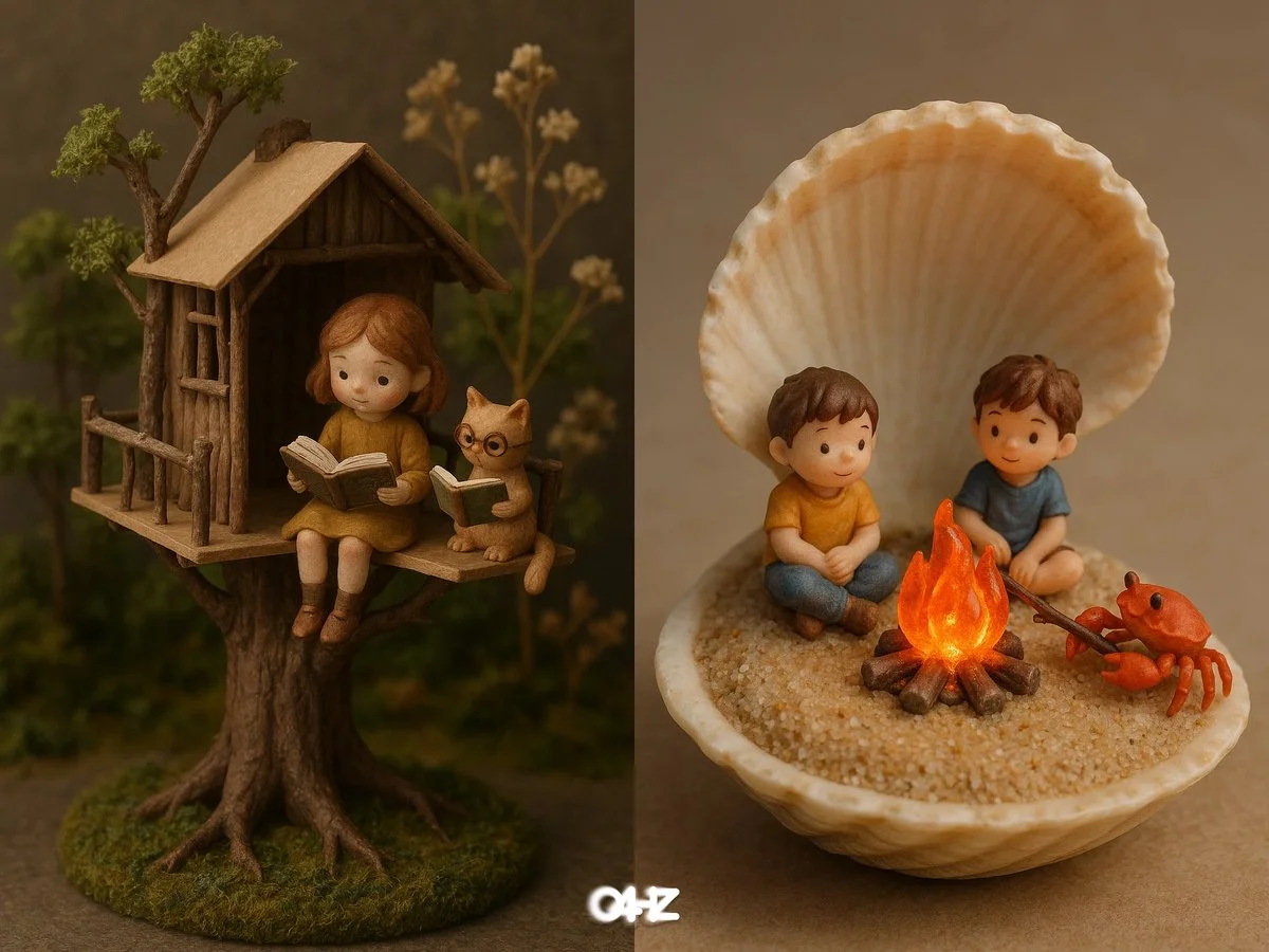 Escena en miniatura hecha a mano con elementos naturales.