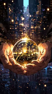Hands Holding Glowing City in Crystal Orb