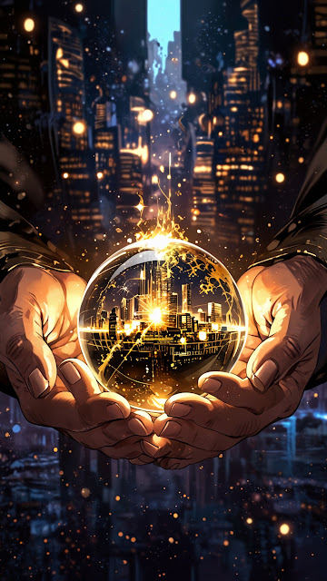 Hands Holding Glowing City in Crystal Orb - Free mobile Wallpaper