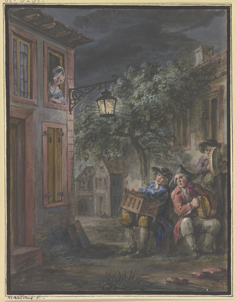 Nächtliches Ständchen in der Gasse eines Städtchens