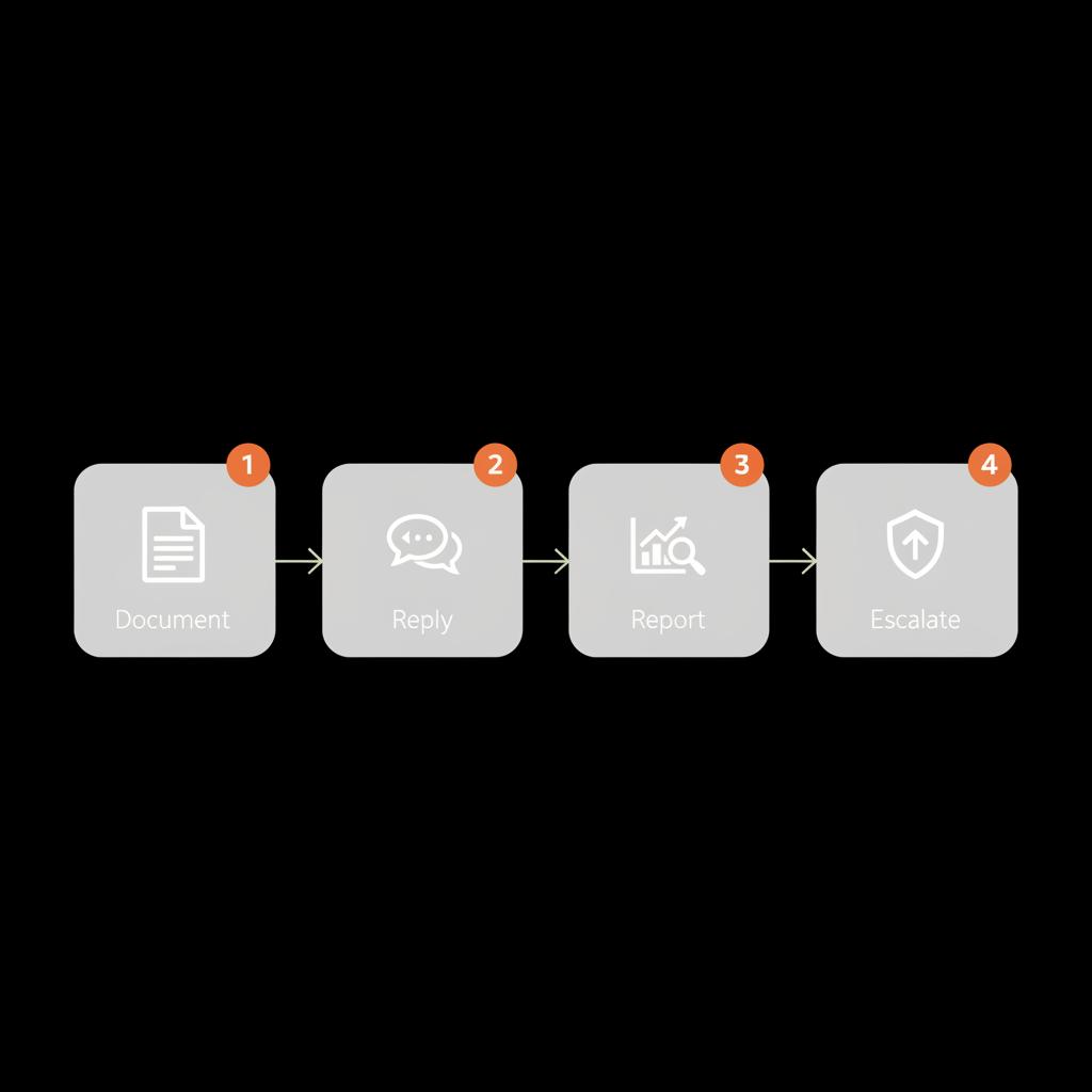 Minimal horizontal infographic with document, reply, report, escalate icons showing how to deal with unfair reviews using brand colors on black background